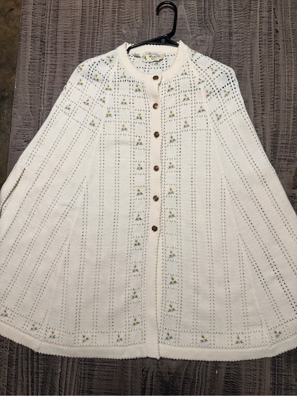 Cream Crochet Button-Front Sweater Cape with Delicate Floral Embroidery
